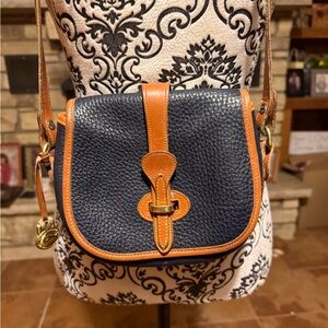 Dooney & Bourke Navy Pebbled Leather Crossbody with Tan Trim and Gold Hardware